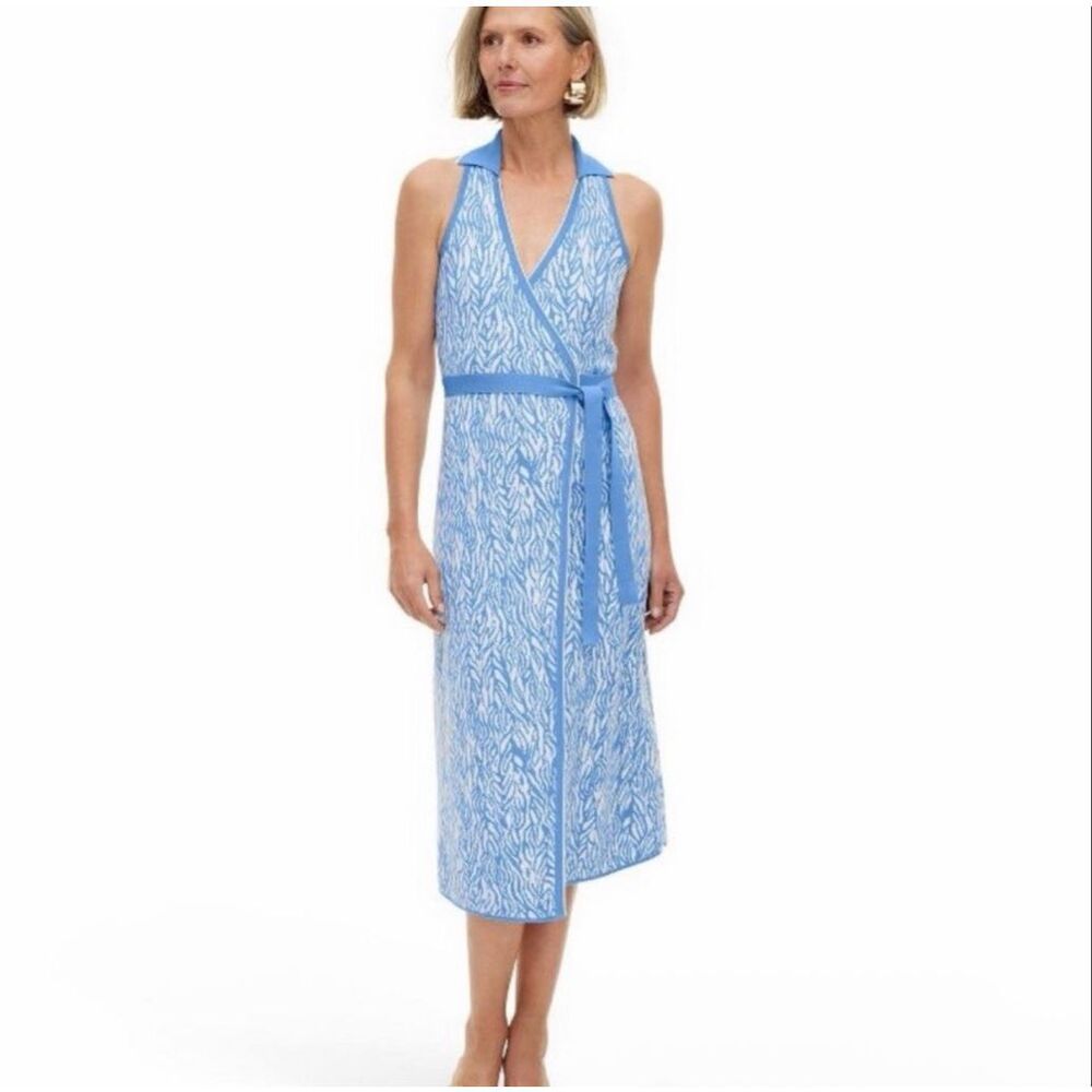 Diane Von Furstenberg Wrap Midi Dress Women XL Sea Twig Blue Sleeveless Knit DVF